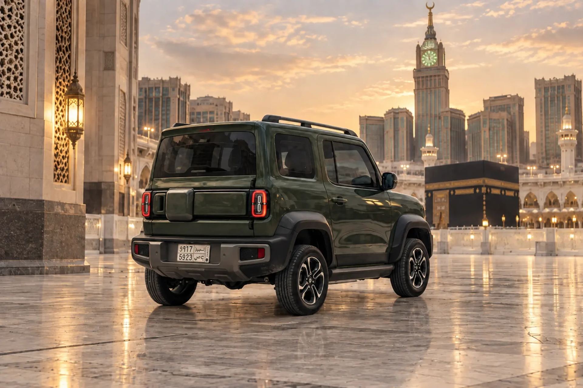QAF electric vehicle in the courtyard of the Grand Mosque at Makkah, the Kaaba and clock tower at sunset behind