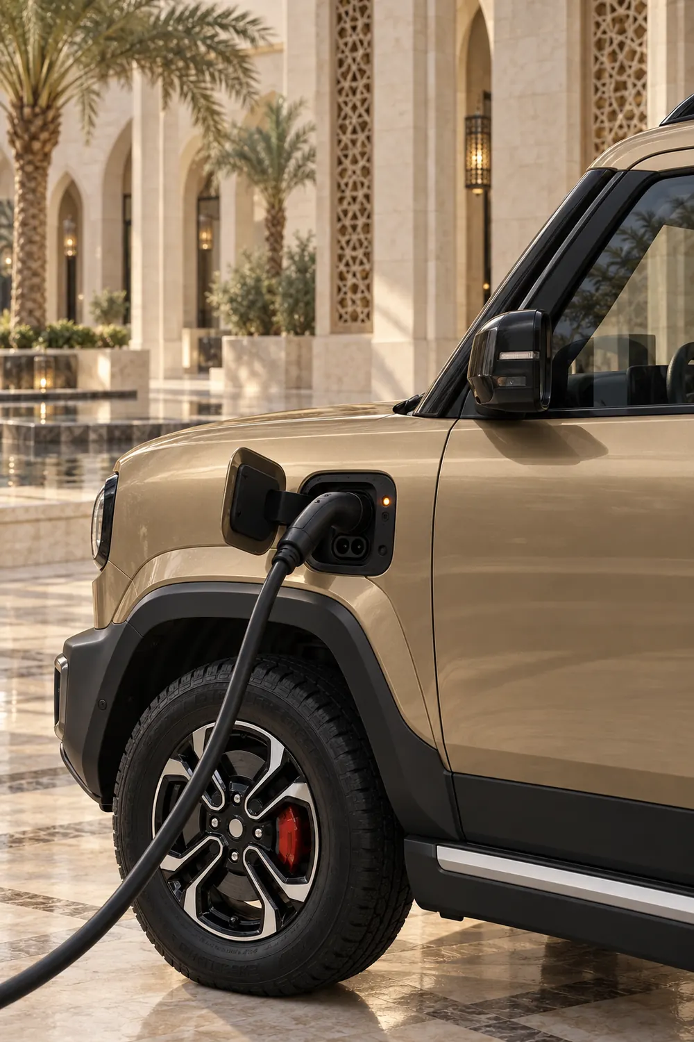 The charging port of a sand-gold three-door QAF connected in a marble courtyard