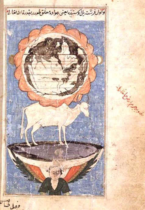 An illuminated cosmological diagram of the encircling mountain range of Qaf