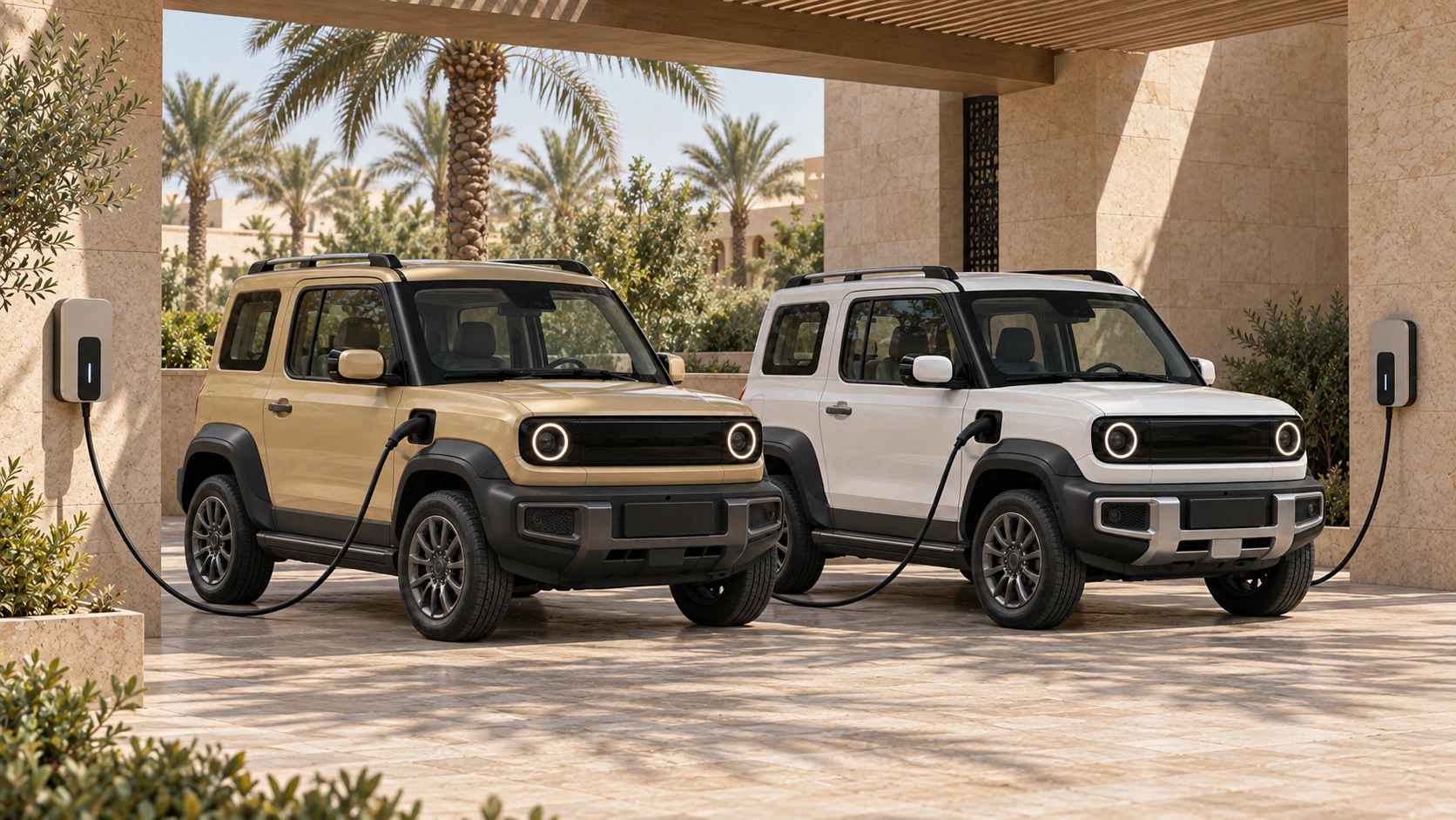 White and sand-gold QAF vehicles at a shaded Saudi courtyard charging depot