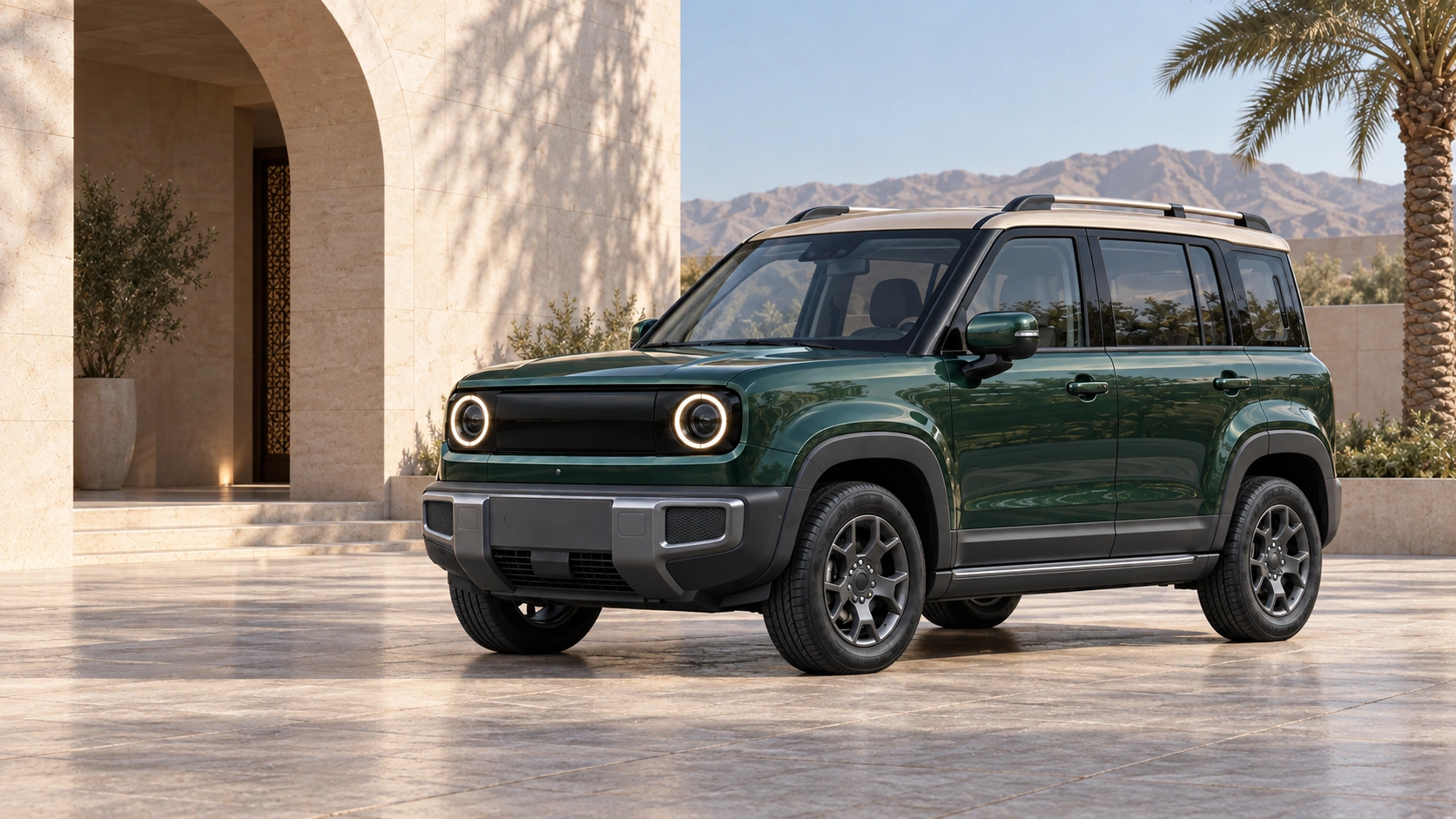 QAF Emerald 5-door design study in dark green: front three-quarter view