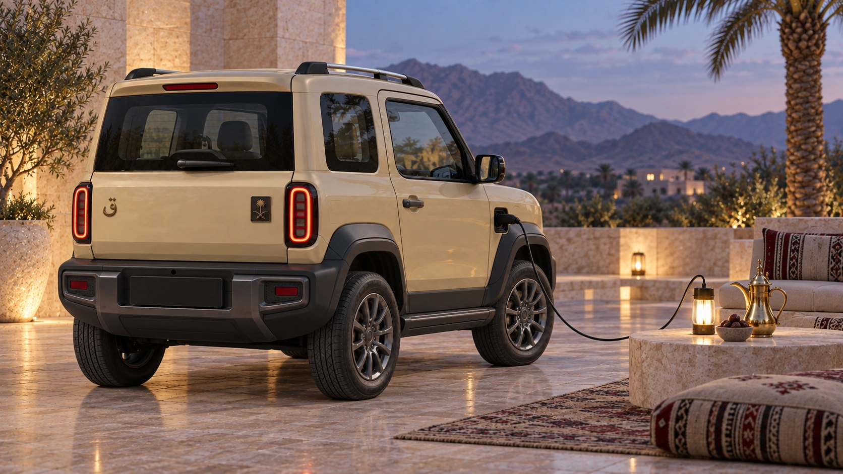 Sand-gold three-door QAF concept with a proposed vehicle-to-load connection to a terrace lantern