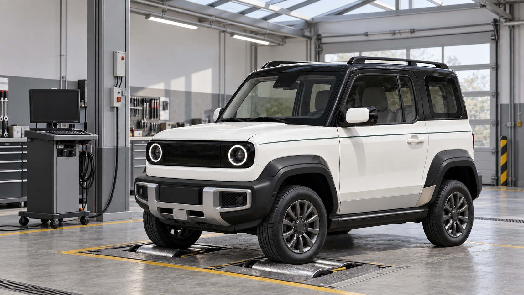 A white three-door QAF concept on calibration rollers in a bright inspection bay