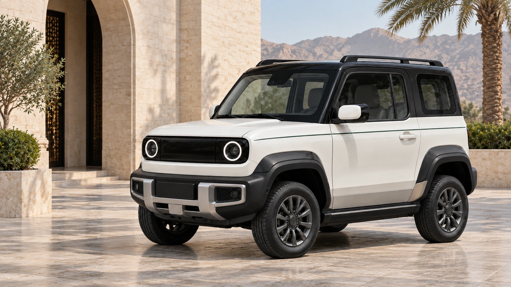 QAF Stone 3-door design study in pearl white: front three-quarter view