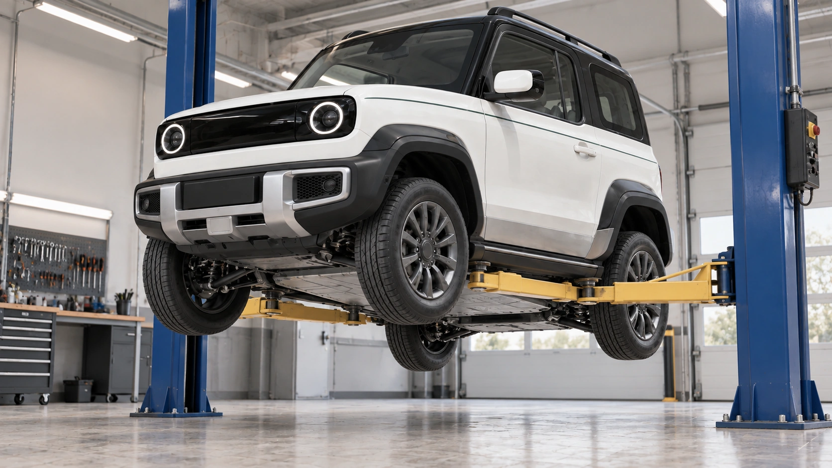 A white three-door QAF concept on a workshop lift for underbody inspection
