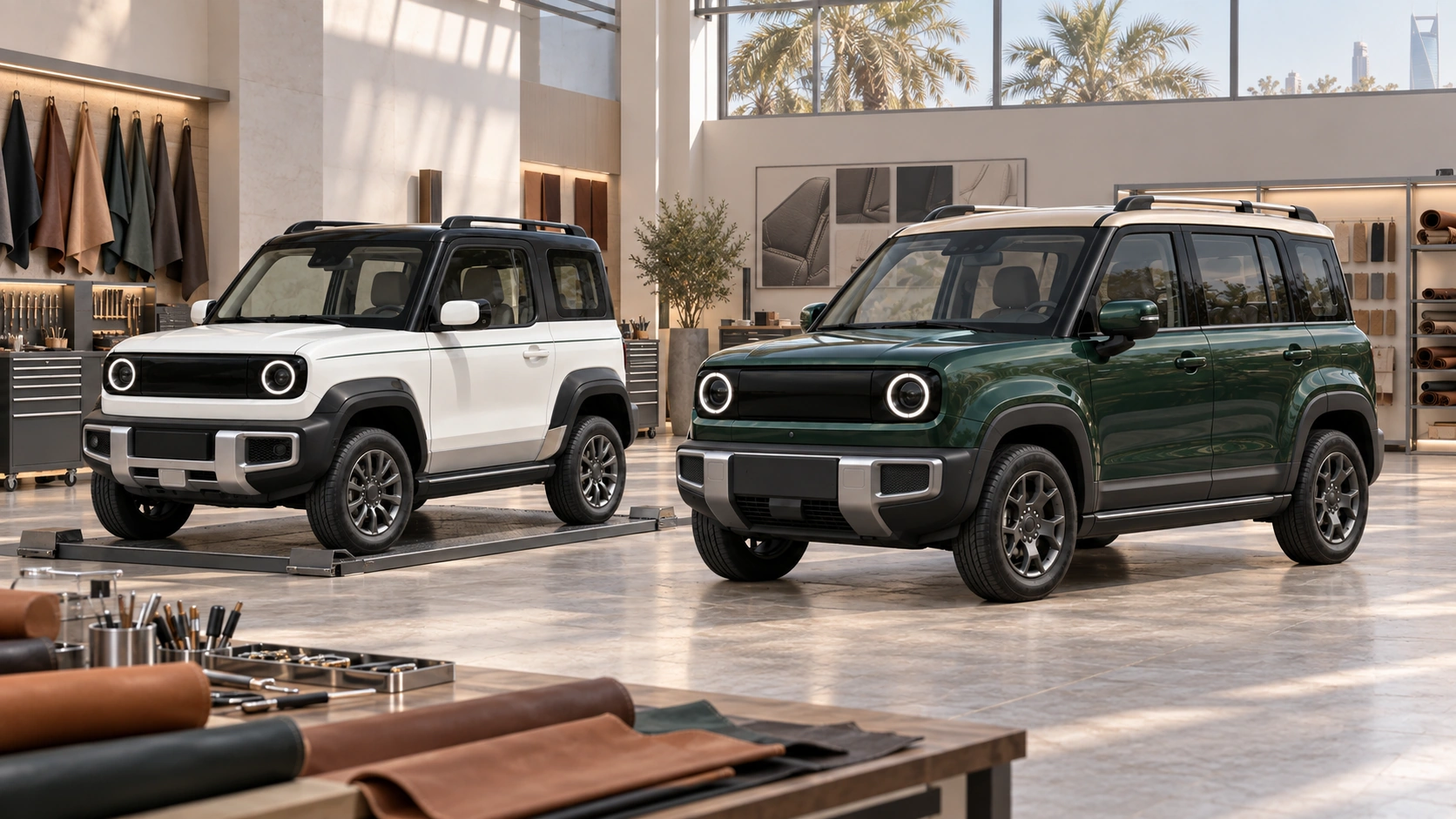 White three-door and dark-green five-door QAF concepts in a leather-trim atelier