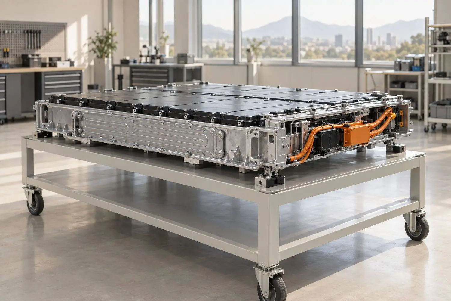 A lithium iron phosphate battery module on a bench