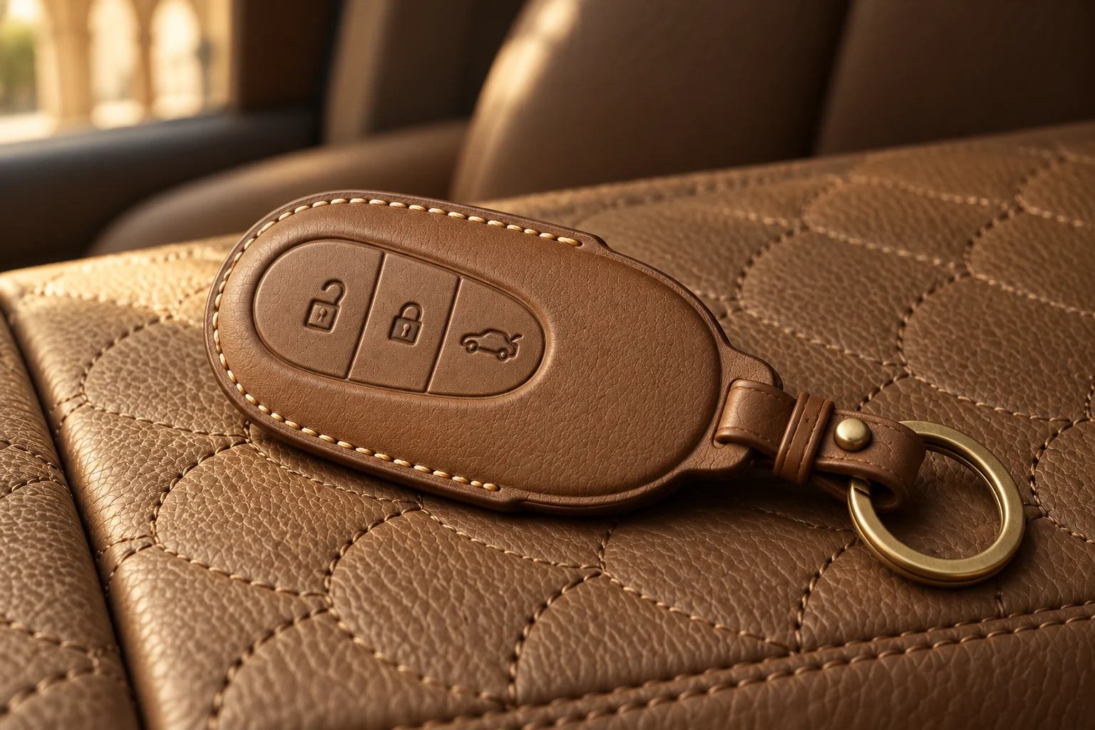 Saddle leather key fob with fine stitching and a satin-brass ring on a mocha seat