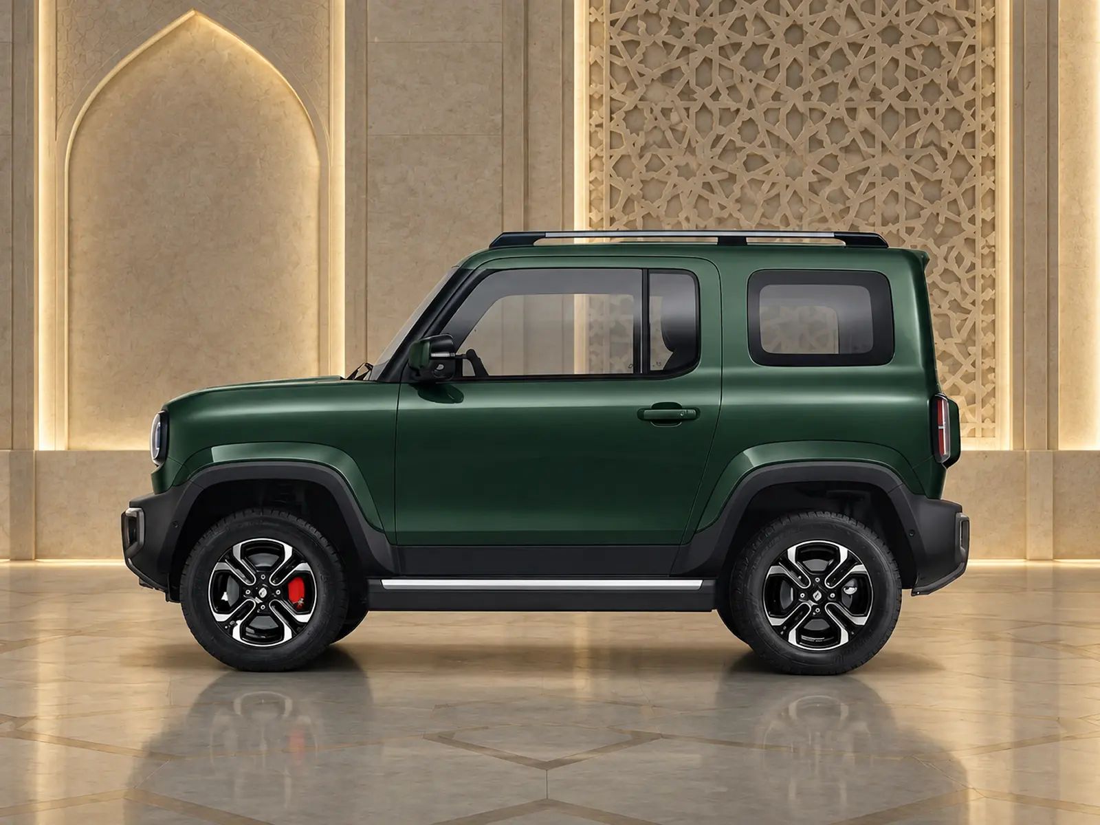 QAF Emerald, side profile, deep emerald over sand with brass details