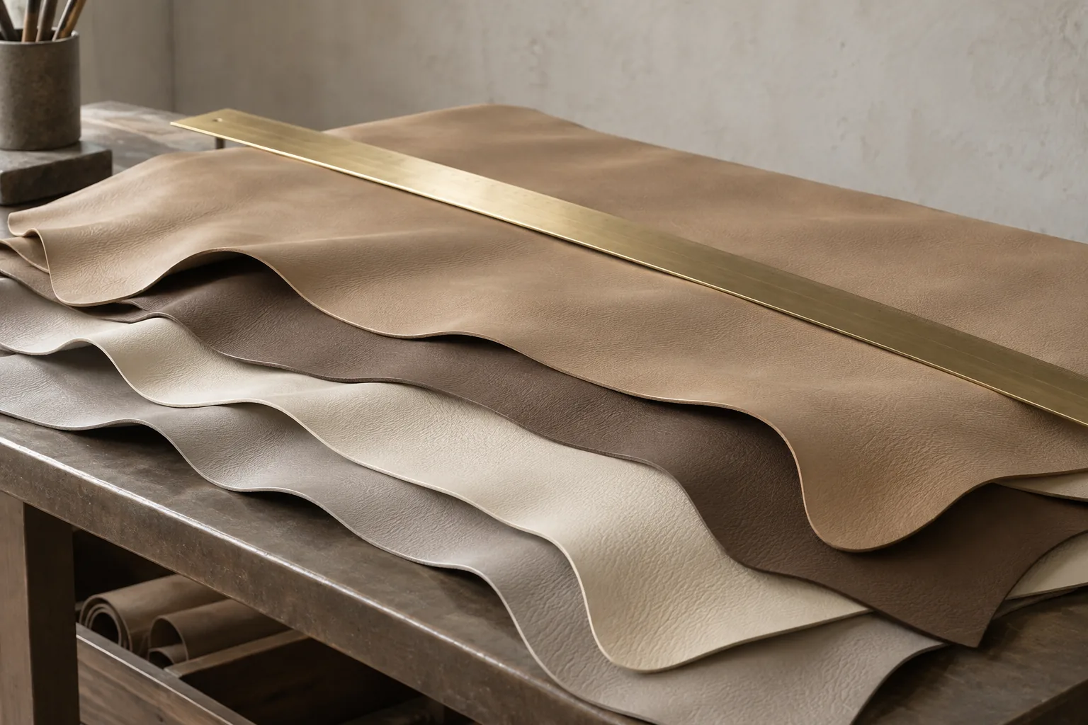 Cut hides in sand, mocha, bone and stone stacked on a bench with a brass ruler