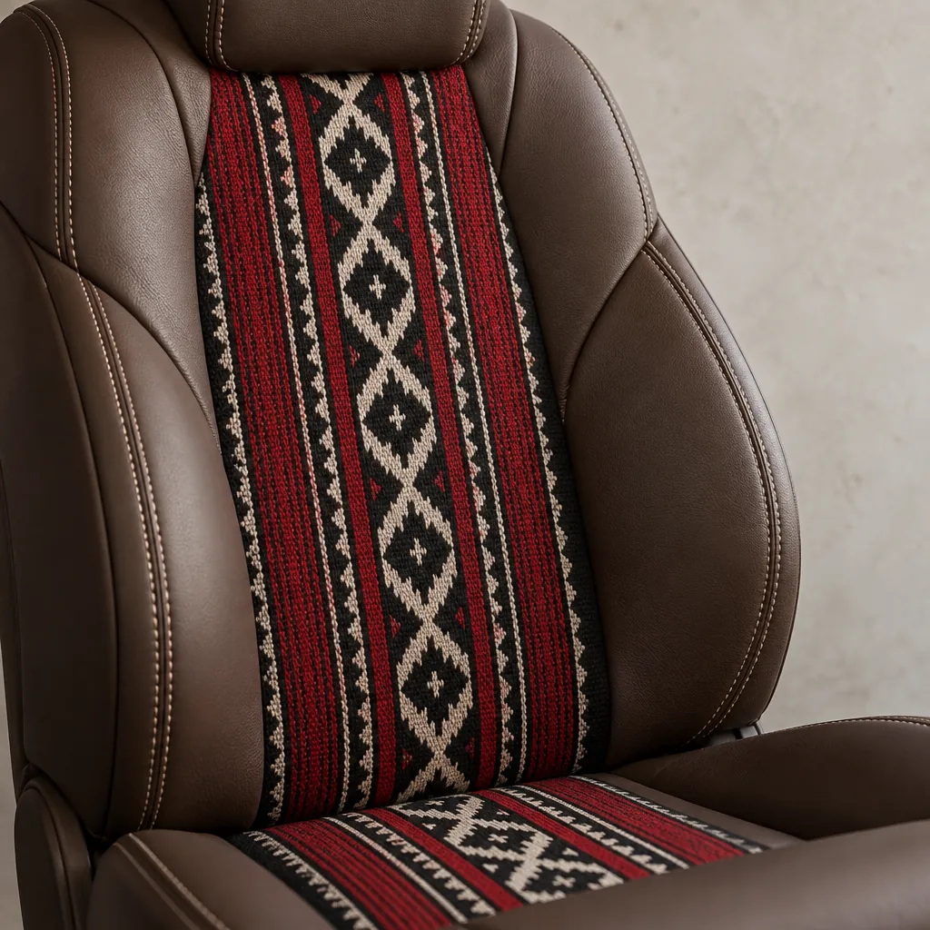 A seat centre inset with a red, black and white geometric woven textile, mocha leather around it