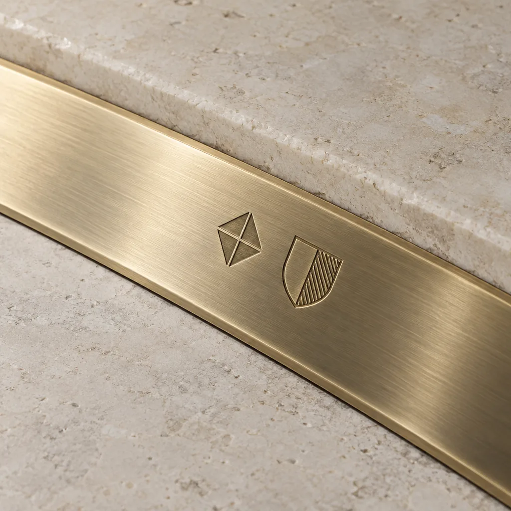 A brass sill plate with two engraved marks side by side — the QAF emblem and a house crest