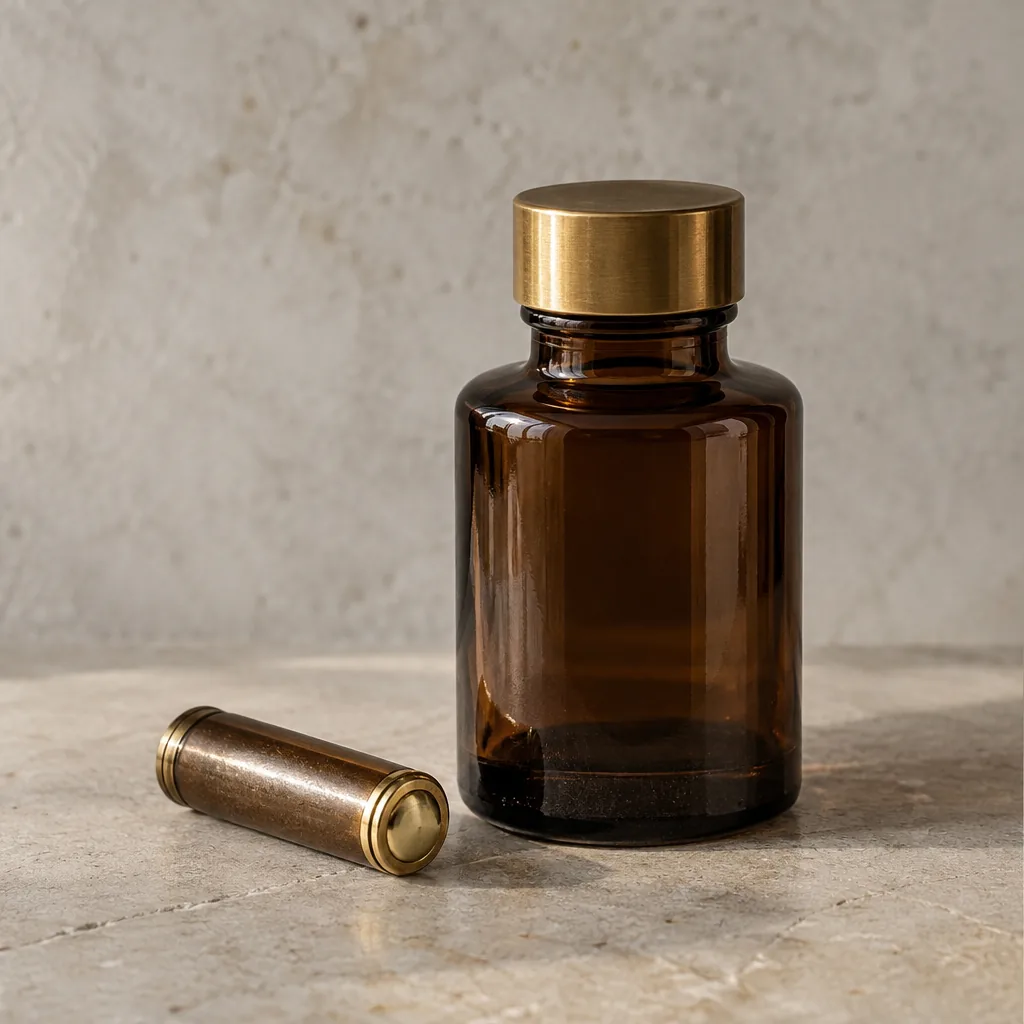 A small brass-capped cartridge beside a dark glass bottle on a stone surface