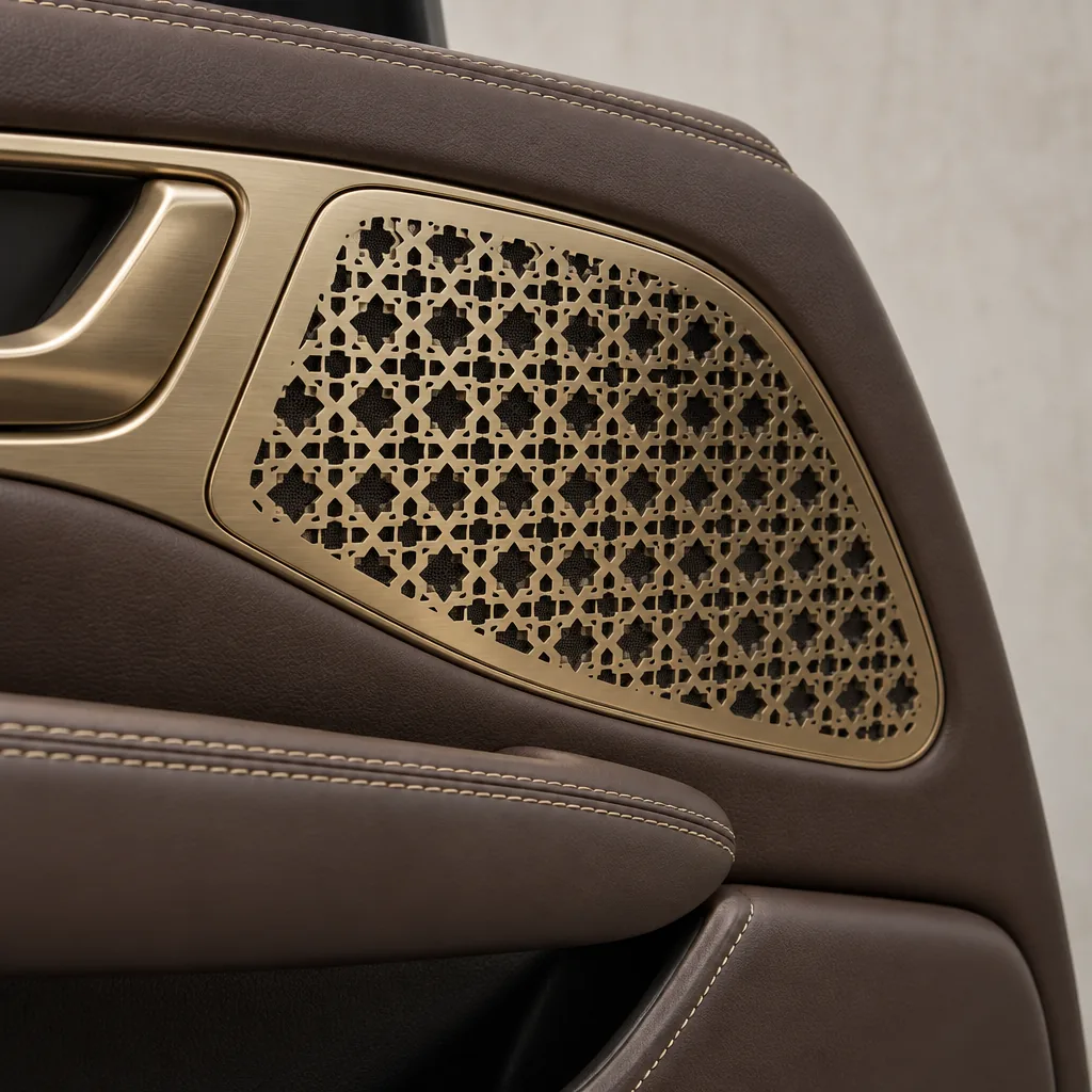 A brass speaker grille laser-cut in the star lattice, set in a mocha door card