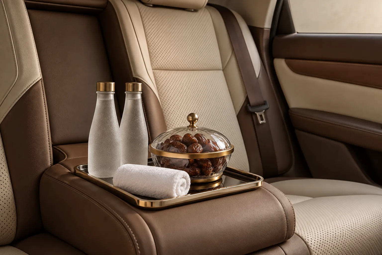 Two frosted bottles, a covered dates tray and a rolled cooled towel on a rear seat