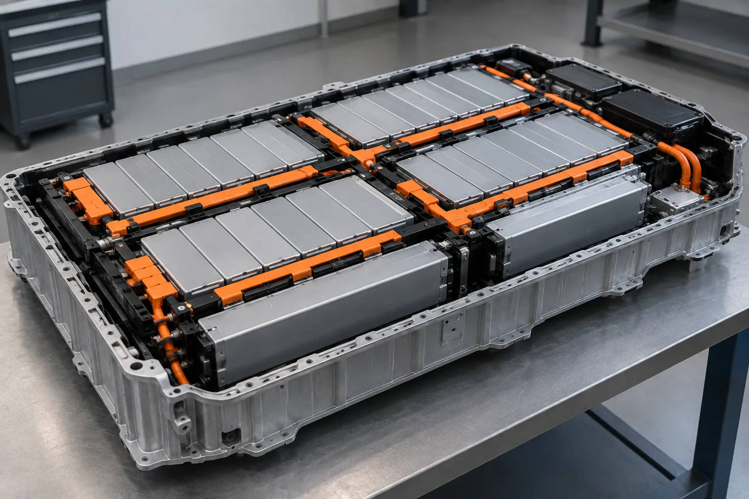 A flat vehicle battery pack on a bench with its lid removed, rows of prismatic cells and orange busbars