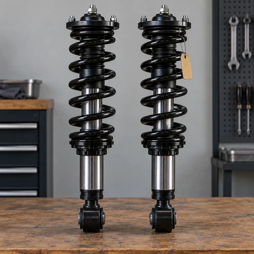 A spring and damper assembly beside a second identical one, one tagged with a small brass label