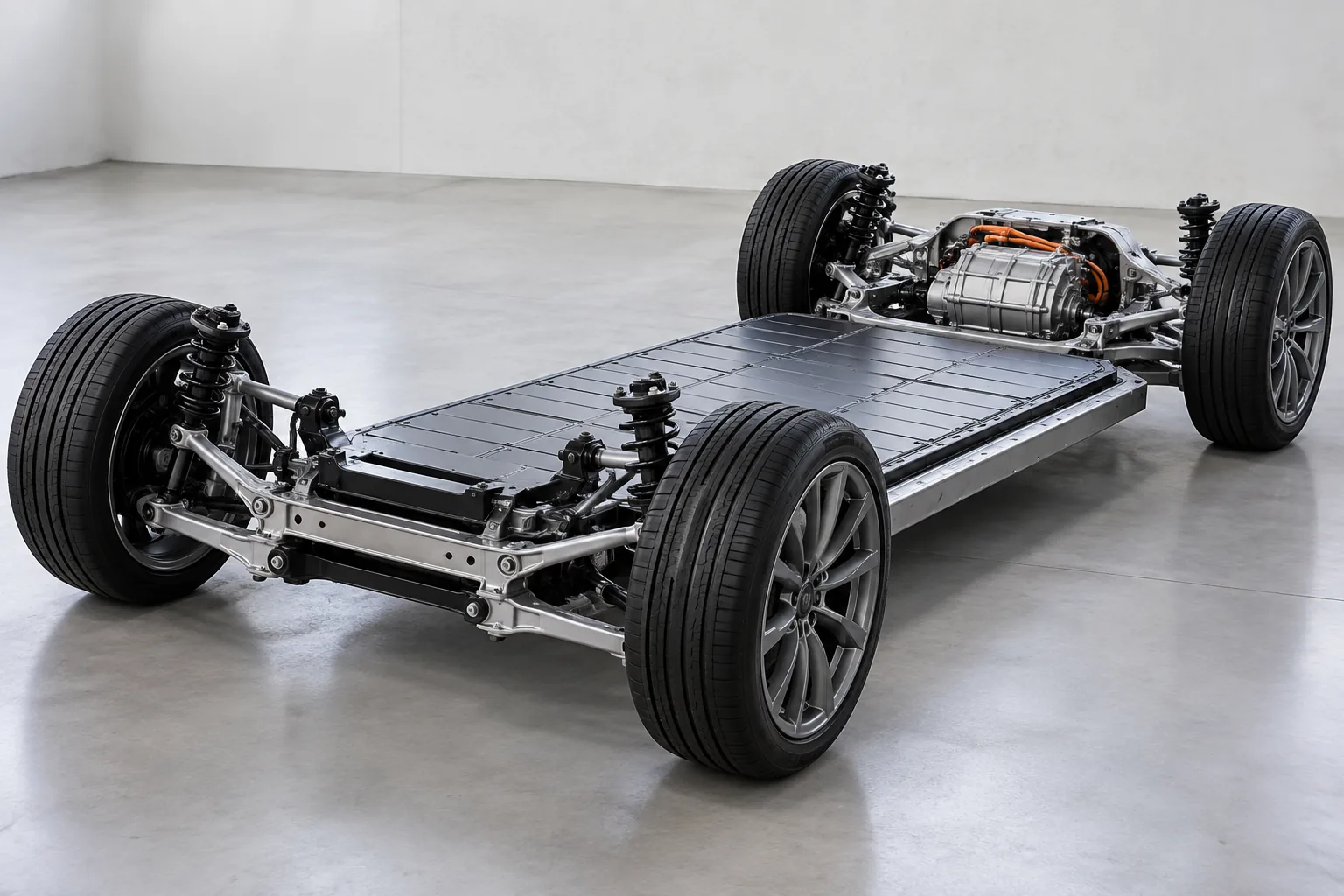 The three-door's rolling chassis — floor, battery, rear drive unit, suspension and wheels, with no body