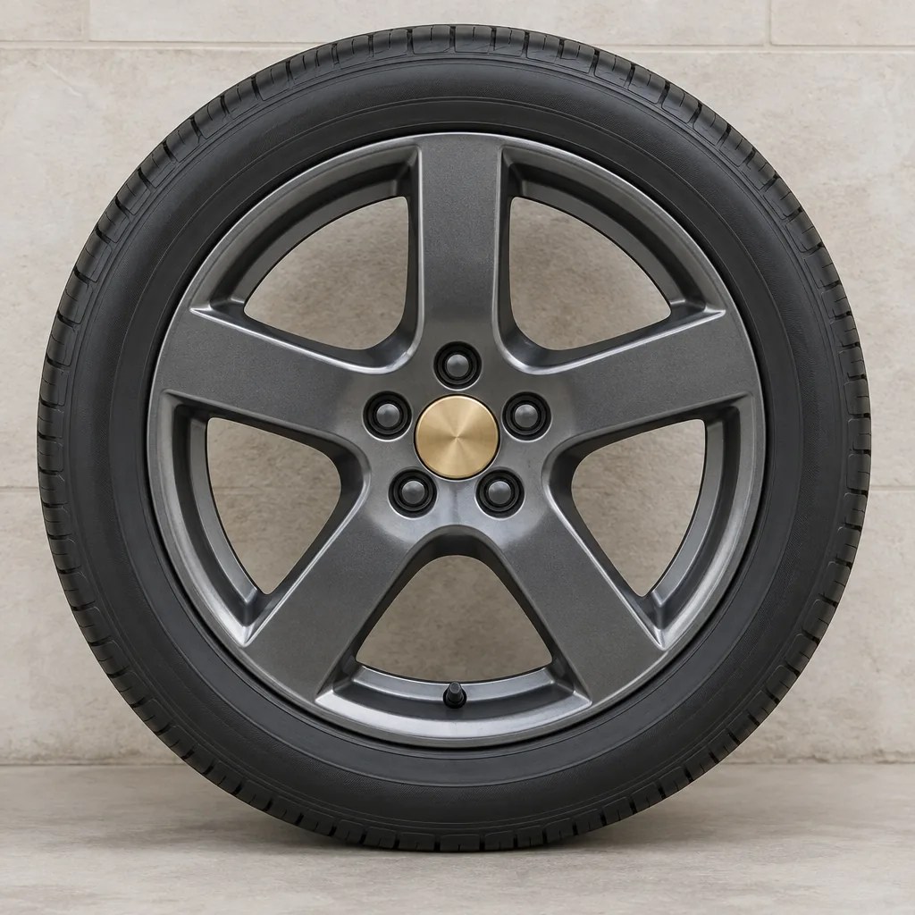 A 16-inch dark-grey wheel with a touring tyre and a brass centre cap