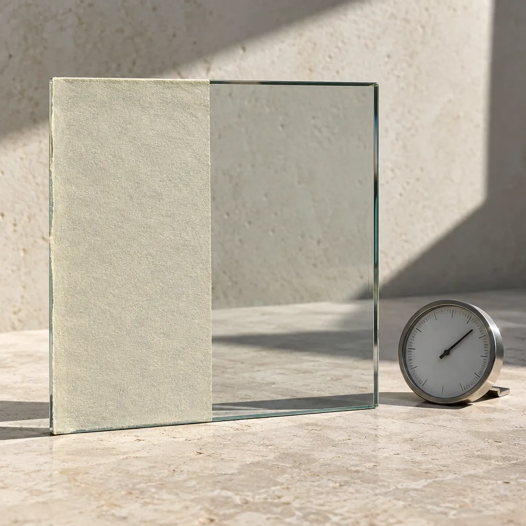 A square of glass half-masked with tape in strong sun, a thermometer reading beside it