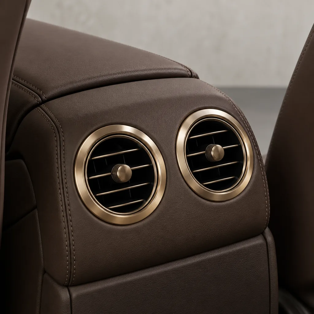 Two rear air vents in a mocha console with brass surrounds