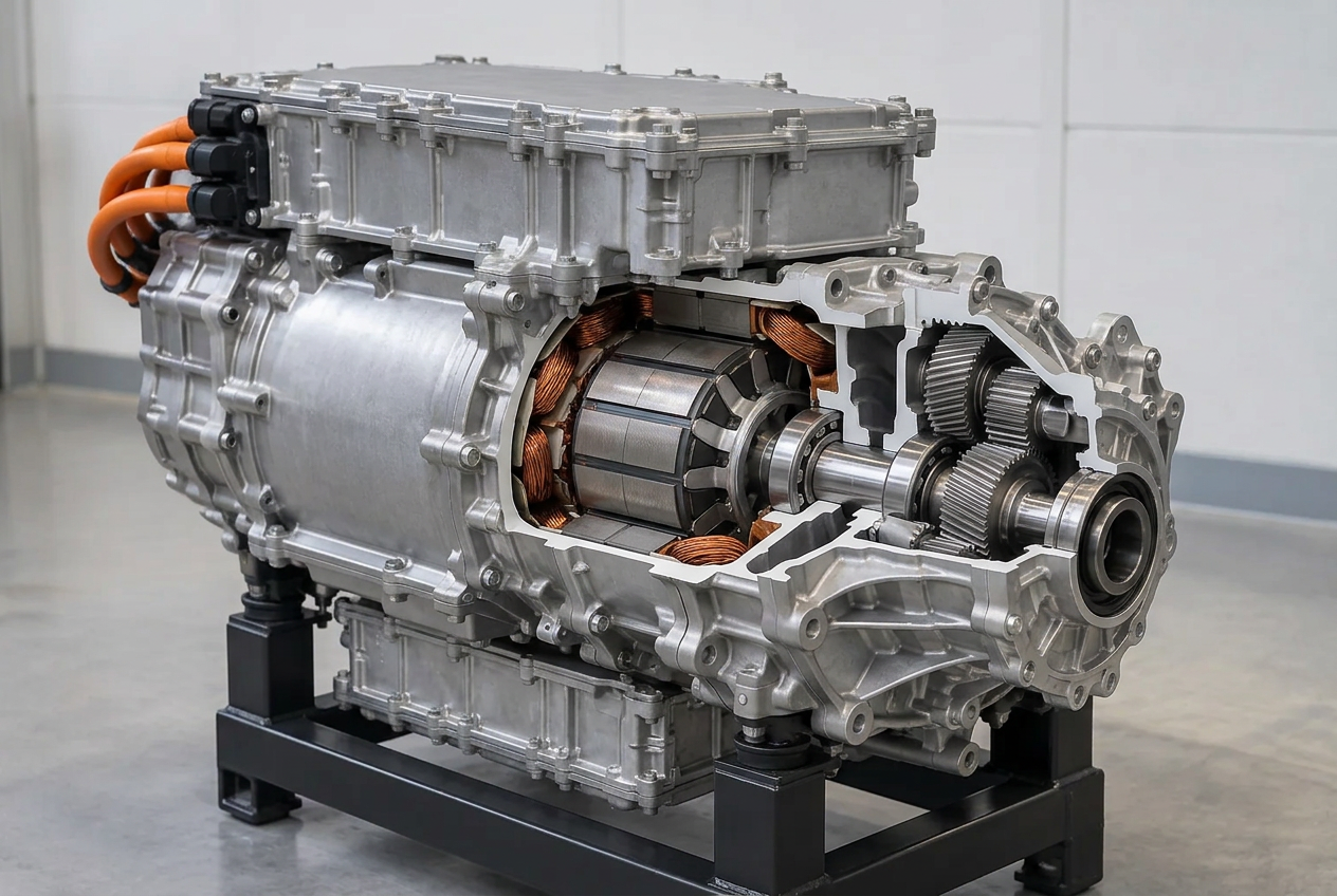 A cutaway illustration of a permanent-magnet motor: stator windings, rotor, shaft and reduction gear