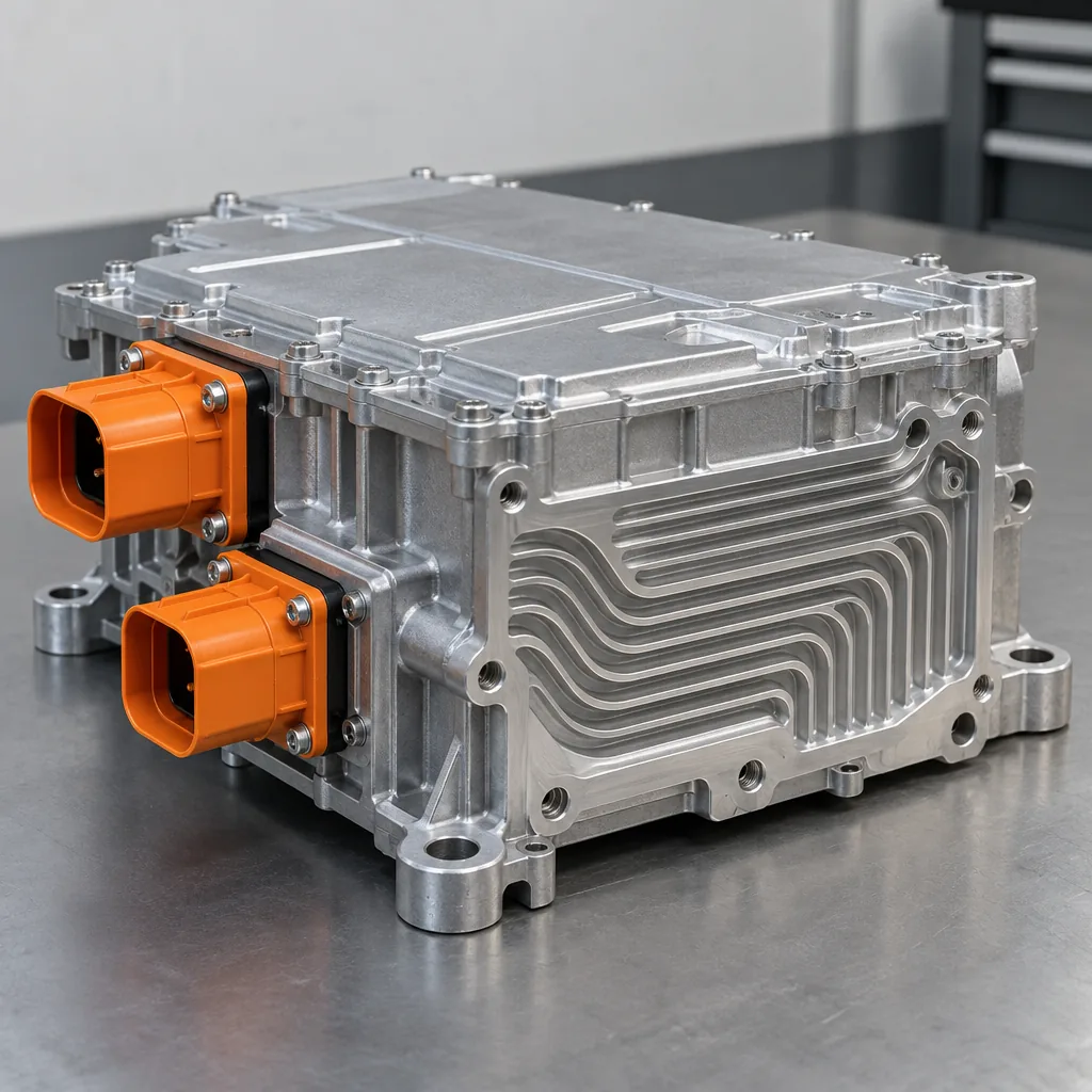 An inverter housing with its orange high-voltage connectors