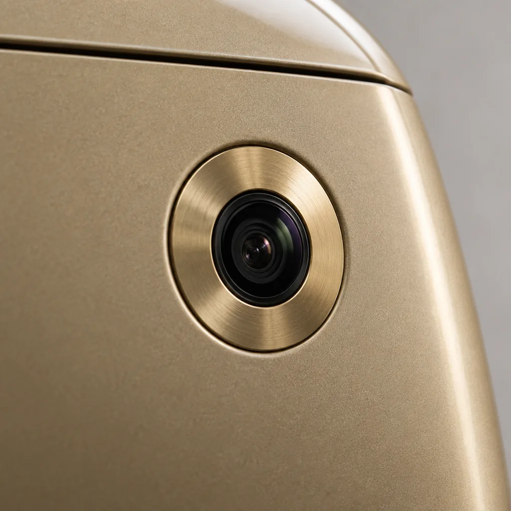 A small camera lens set into the brass-framed rear panel