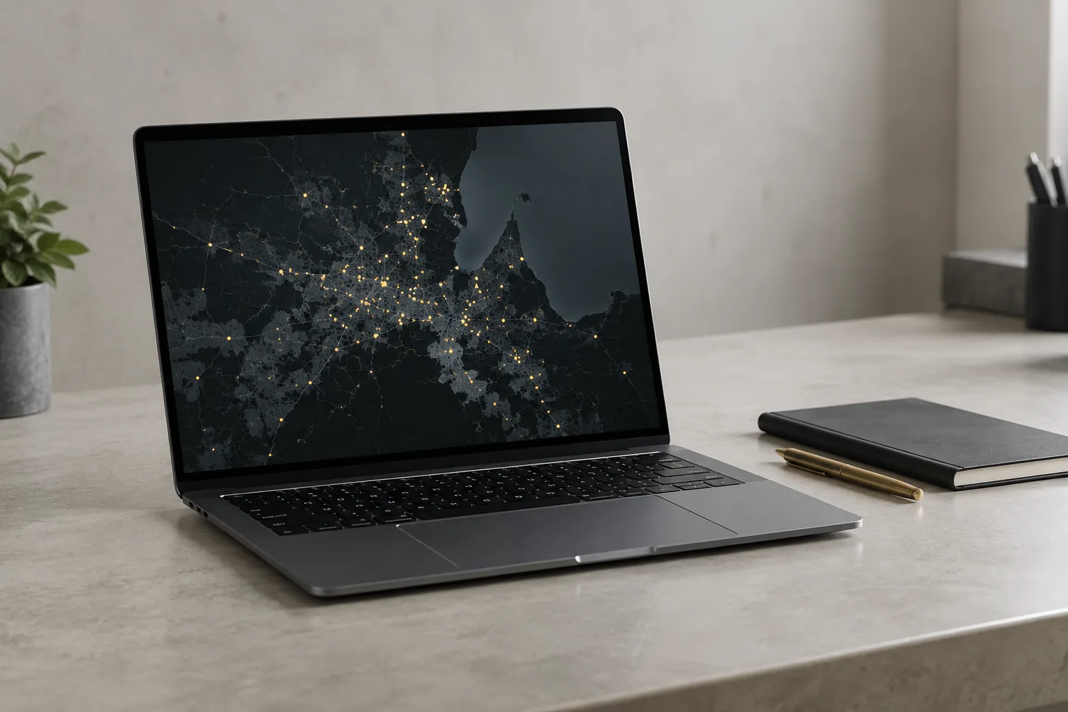 A laptop on a depot desk showing a map with a scatter of small dots, a QAF through the window