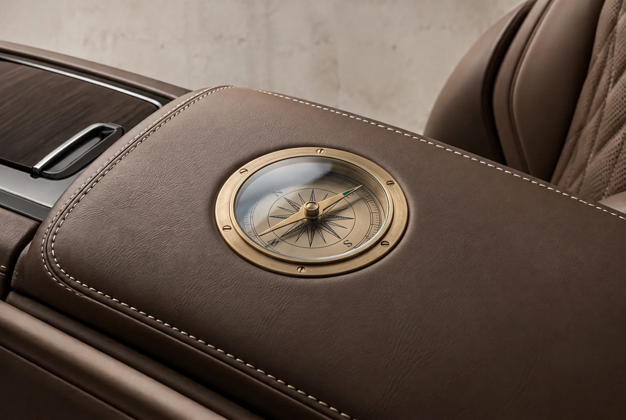 A satin-brass compass set into a mocha leather console lid