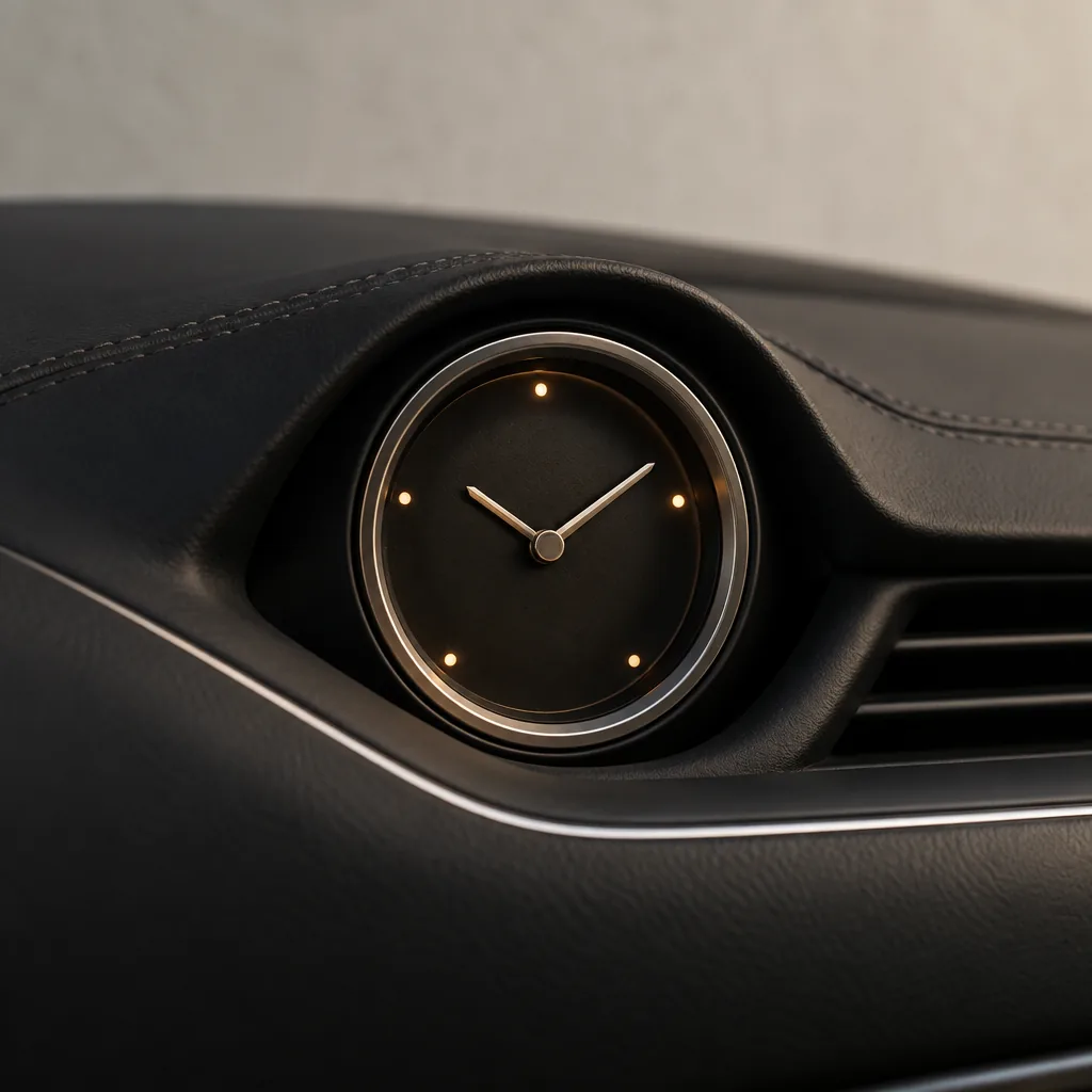 The dashboard clock face with five small marks around it in a warm dark interface