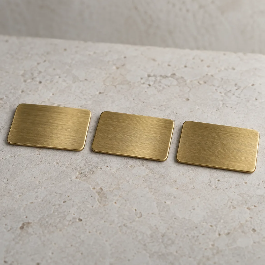 Three small brass model plates — Sand, Stone and Emerald — on a stone surface