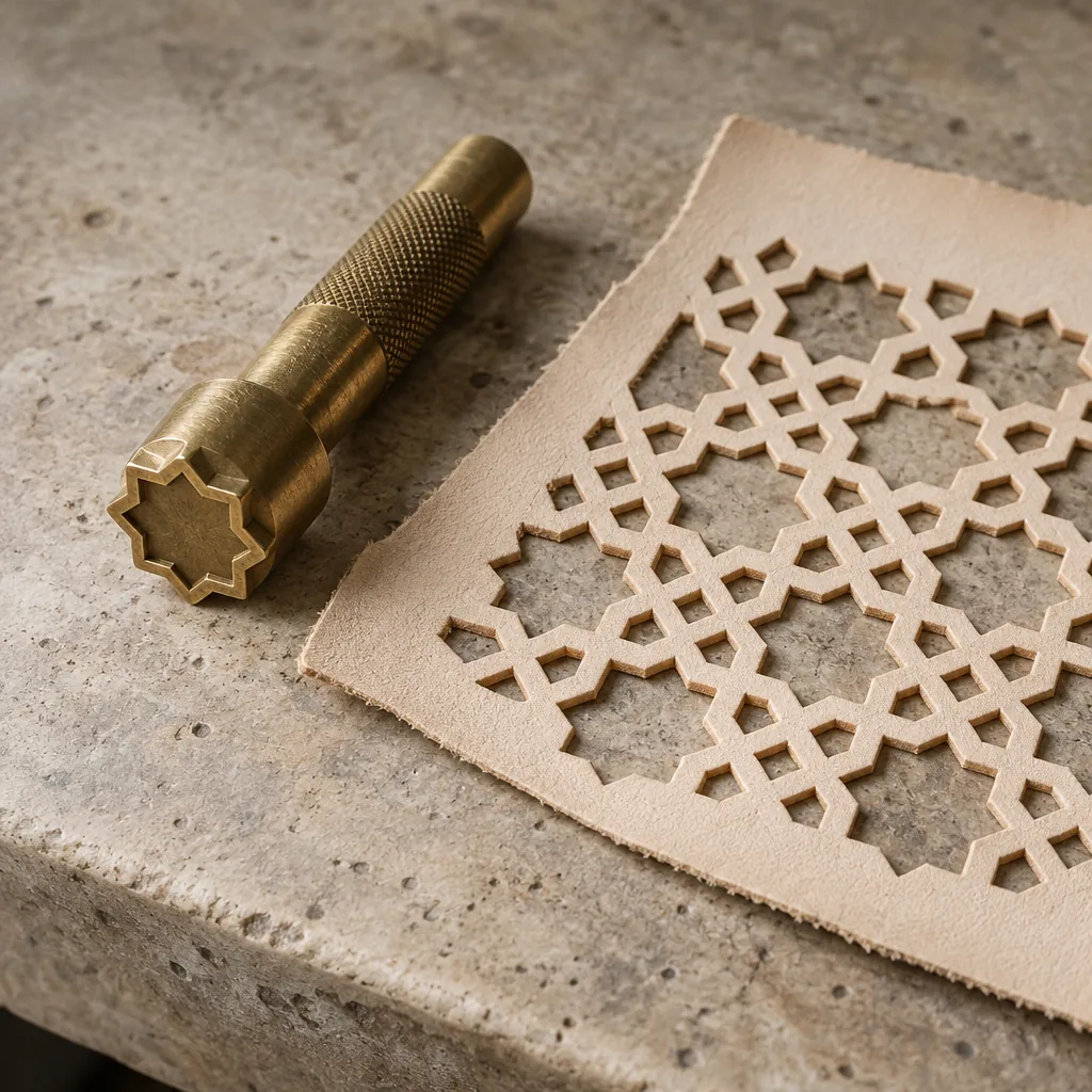 A brass punch beside a perforated leather offcut