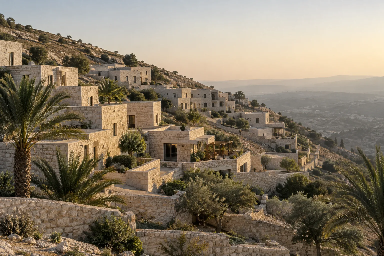 Tiers of pale buildings sloping toward a distant hazy horizon, palms in the foreground, morning