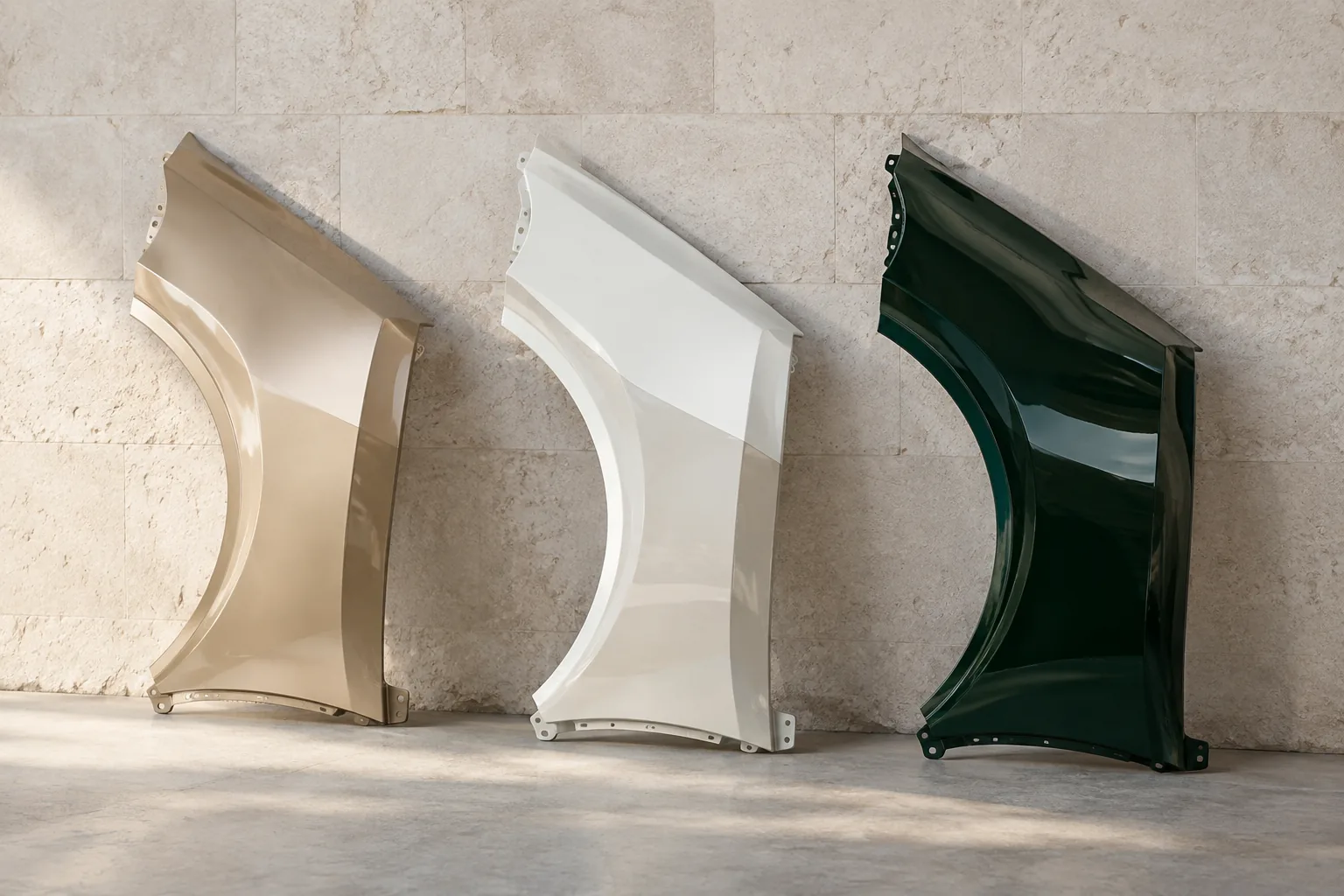 Three painted panels — sand-gold, bone with a stone band, and deep emerald — leaning against pale stone