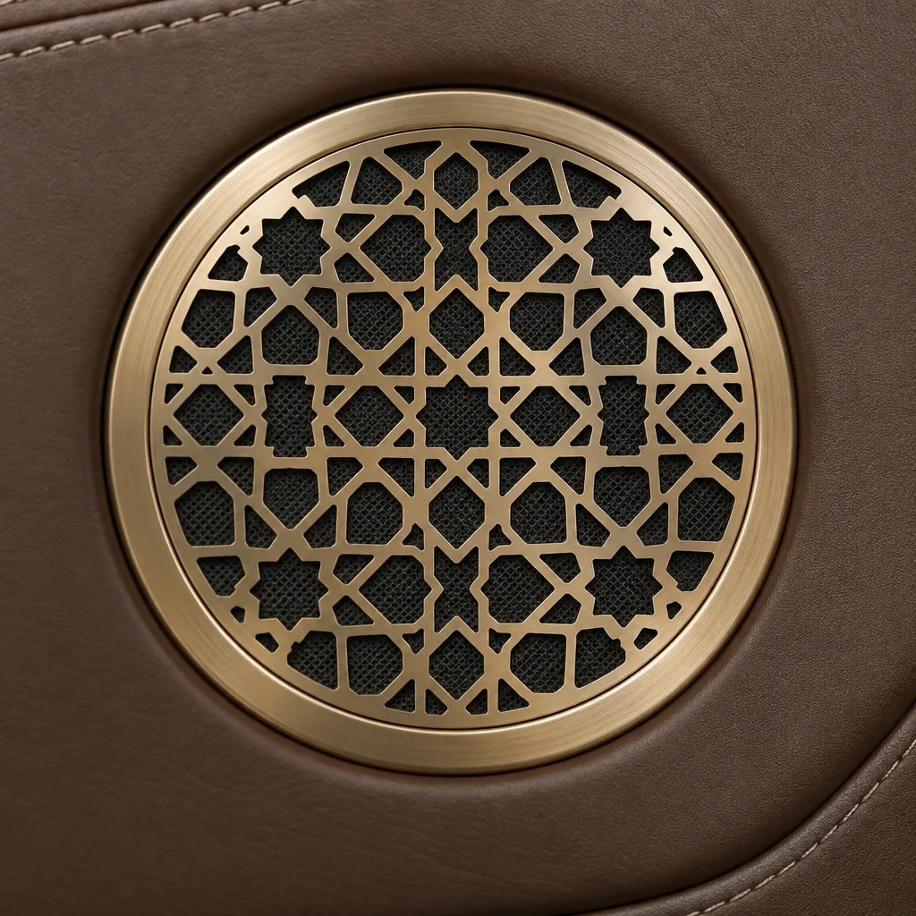 The brass speaker grille cut in the lattice