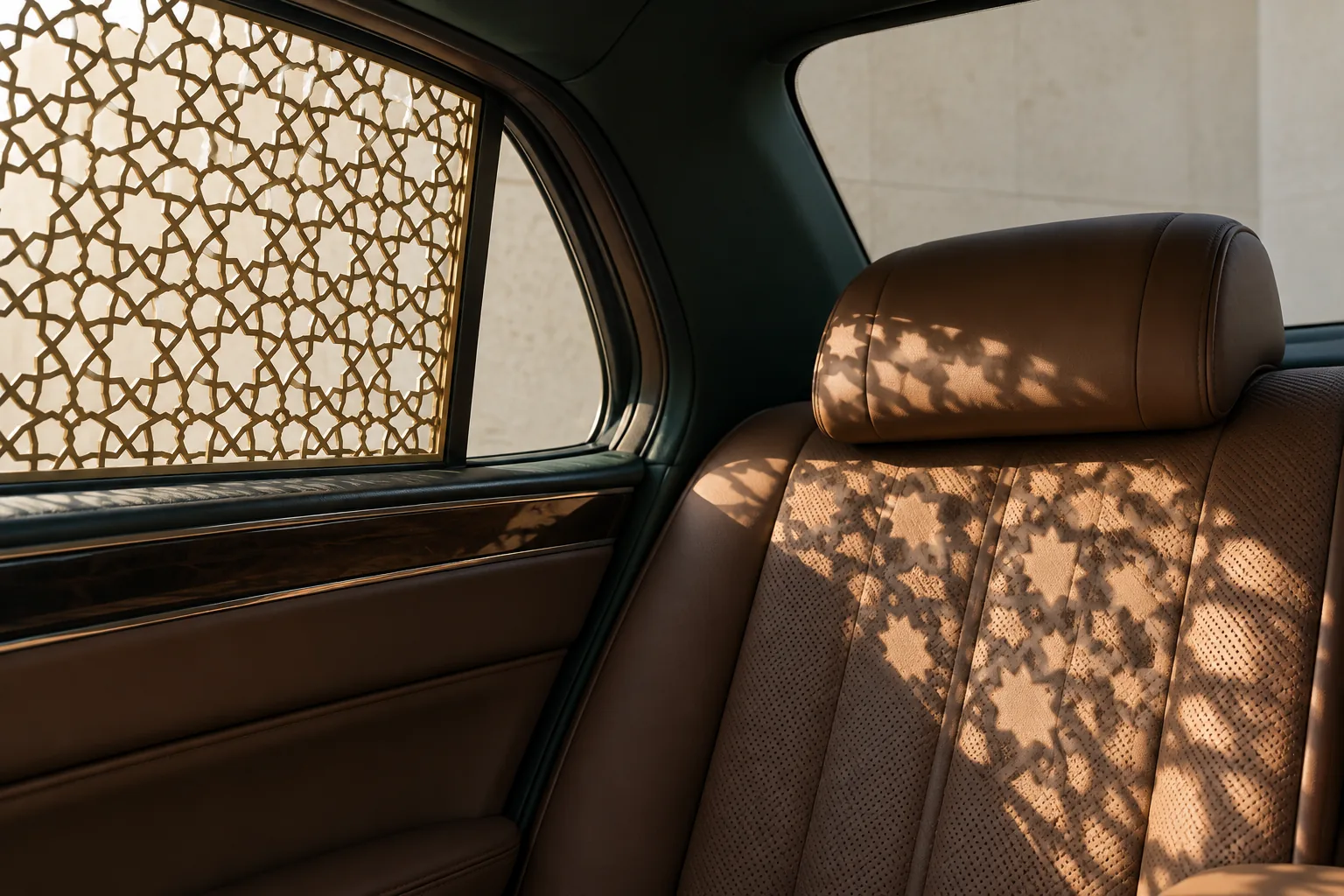 The Emerald's rear glass with a laser-cut lattice sunshade throwing patterned light on the seat